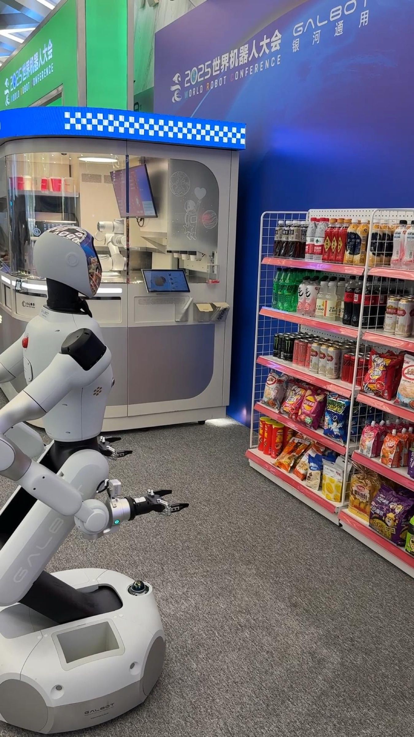 Wheeled humanoid robot restocking a store shelf